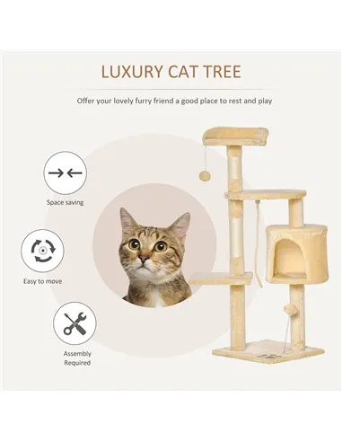 PawHut Cat Tree for Indoor Cats Pet Activity Centre Kitty Condo Climbing Scratching Post with Toys 4-tier 114cm Tall Beige