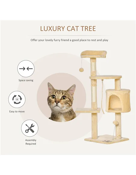 PawHut Cat Tree for Indoor Cats Pet Activity Centre Kitty Condo Climbing Scratching Post with Toys 4-tier 114cm Tall Beige