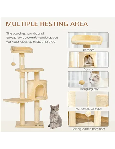 PawHut Cat Tree for Indoor Cats Pet Activity Centre Kitty Condo Climbing Scratching Post with Toys 4-tier 114cm Tall Beige