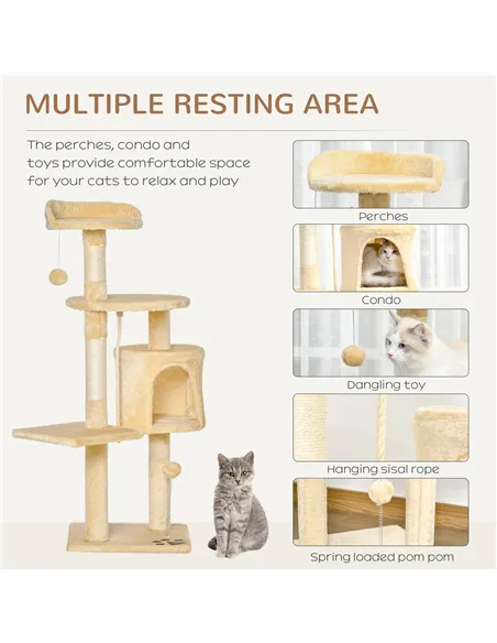 PawHut Cat Tree for Indoor Cats Pet Activity Centre Kitty Condo Climbing Scratching Post with Toys 4-tier 114cm Tall Beige