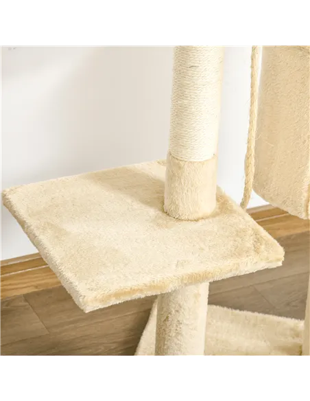 PawHut Cat Tree for Indoor Cats Pet Activity Centre Kitty Condo Climbing Scratching Post with Toys 4-tier 114cm Tall Beige