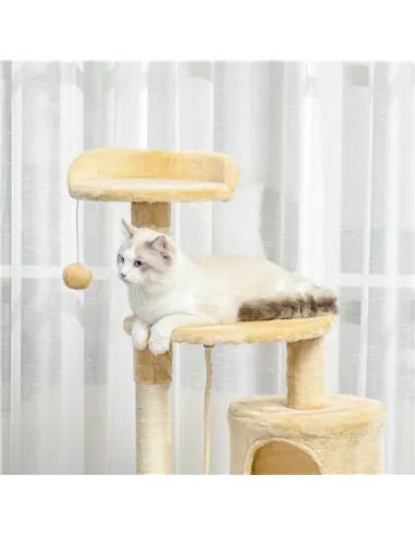 PawHut Cat Tree for Indoor Cats Pet Activity Centre Kitty Condo Climbing Scratching Post with Toys 4-tier 114cm Tall Beige