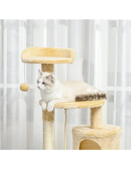 PawHut Cat Tree for Indoor Cats Pet Activity Centre Kitty Condo Climbing Scratching Post with Toys 4-tier 114cm Tall Beige