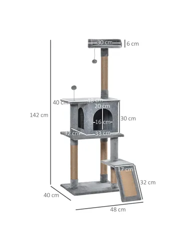 PawHut Cat Tree Tower for Indoor Cats 142cm Climbing Kitten Activity Center with Jute Scratching Post  Board Perch Roomy Condo R