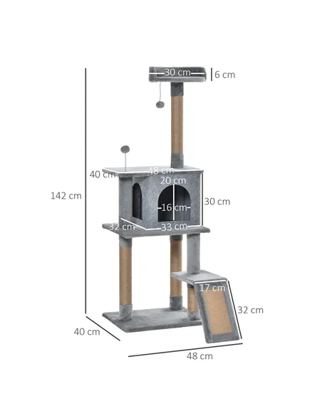 PawHut Cat Tree Tower for Indoor Cats 142cm Climbing Kitten Activity Center with Jute Scratching Post  Board Perch Roomy Condo R