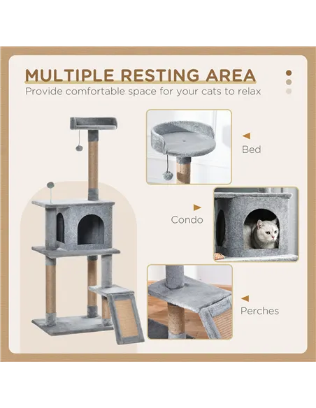 PawHut Cat Tree Tower for Indoor Cats 142cm Climbing Kitten Activity Center with Jute Scratching Post  Board Perch Roomy Condo R