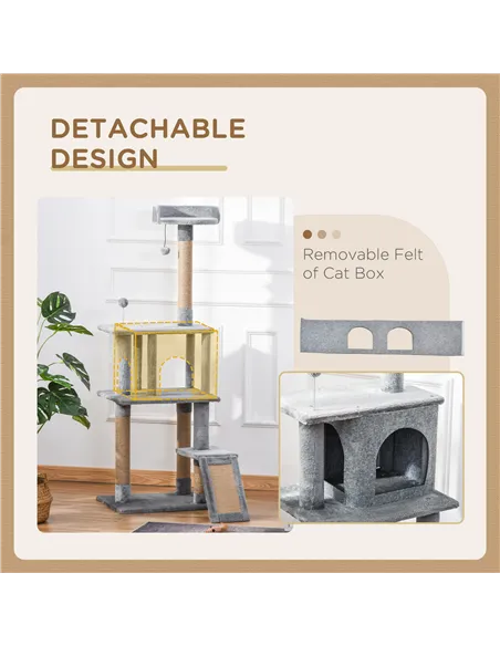 PawHut Cat Tree Tower for Indoor Cats 142cm Climbing Kitten Activity Center with Jute Scratching Post  Board Perch Roomy Condo R