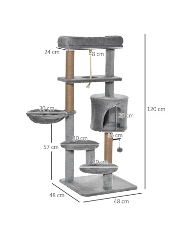 PawHut Cat Tree Tower for Indoor Cats 120cm Climbing Kitten Activity Center with Jute Scratching Post Perch Hanging Ball Hammock