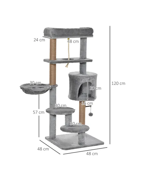PawHut Cat Tree Tower for Indoor Cats 120cm Climbing Kitten Activity Center with Jute Scratching Post Perch Hanging Ball Hammock