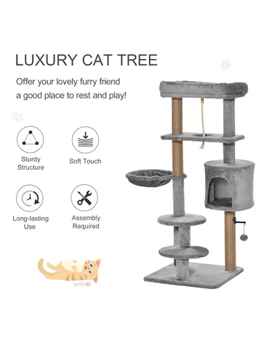 PawHut Cat Tree Tower for Indoor Cats 120cm Climbing Kitten Activity Center with Jute Scratching Post Perch Hanging Ball Hammock