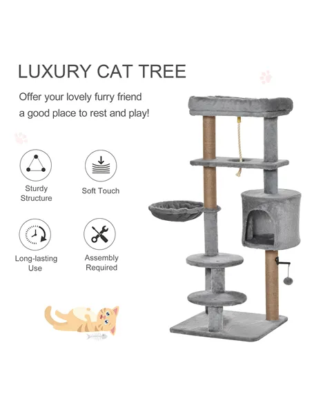 PawHut Cat Tree Tower for Indoor Cats 120cm Climbing Kitten Activity Center with Jute Scratching Post Perch Hanging Ball Hammock