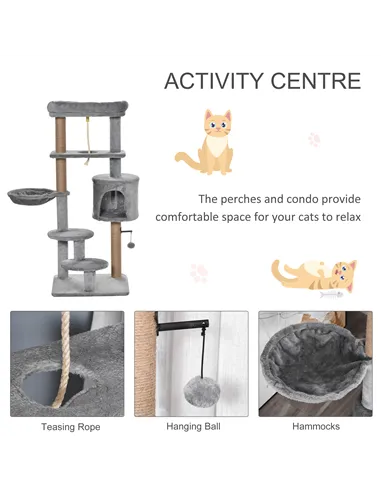 PawHut Cat Tree Tower for Indoor Cats 120cm Climbing Kitten Activity Center with Jute Scratching Post Perch Hanging Ball Hammock
