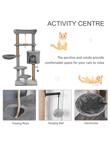 PawHut Cat Tree Tower for Indoor Cats 120cm Climbing Kitten Activity Center with Jute Scratching Post Perch Hanging Ball Hammock