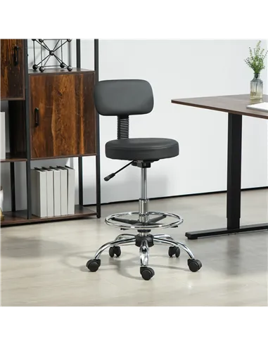 HOMCOM Drafting Chair, Office Chair with Backrest and Adjustable Footrest, Height Adjustable Stool, Leather Padded Rolling Task 