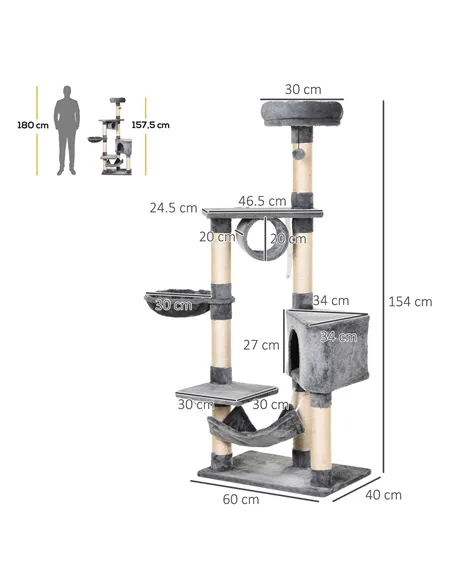 PawHut Cat Tree for Indoor Cats Condo Tower Multi-level Height 150CM  Kittens Activity Stand House with Toys & Various Scratchin