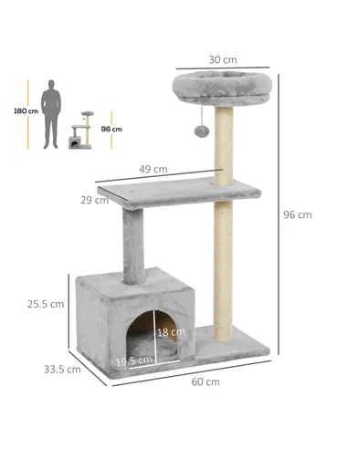 PawHut 96cm Cat Tree for Indoor Cats Condo Sisal Scratching Post Cat Tower Kitten Play House Dangling Ball Activity Center Furni