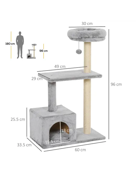PawHut 96cm Cat Tree for Indoor Cats Condo Sisal Scratching Post Cat Tower Kitten Play House Dangling Ball Activity Center Furni