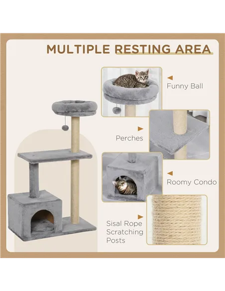 PawHut 96cm Cat Tree for Indoor Cats Condo Sisal Scratching Post Cat Tower Kitten Play House Dangling Ball Activity Center Furni
