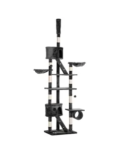 PawHut Floor-to-Ceiling Cat Tree for Indoor Cats, 240-260cm Adjustable Cat Tree - Dark Grey