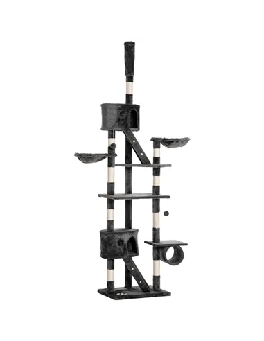 PawHut Floor-to-Ceiling Cat Tree for Indoor Cats, 240-260cm Adjustable Cat Tree - Dark Grey