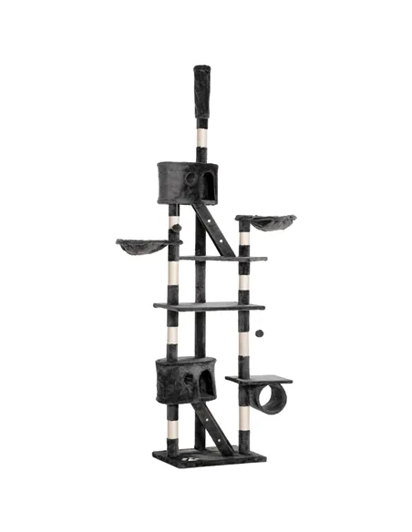 PawHut Floor-to-Ceiling Cat Tree for Indoor Cats, 240-260cm Adjustable Cat Tree - Dark Grey