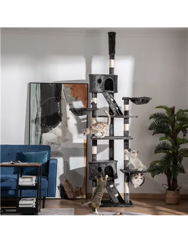 PawHut Floor-to-Ceiling Cat Tree for Indoor Cats, 240-260cm Adjustable Cat Tree - Dark Grey
