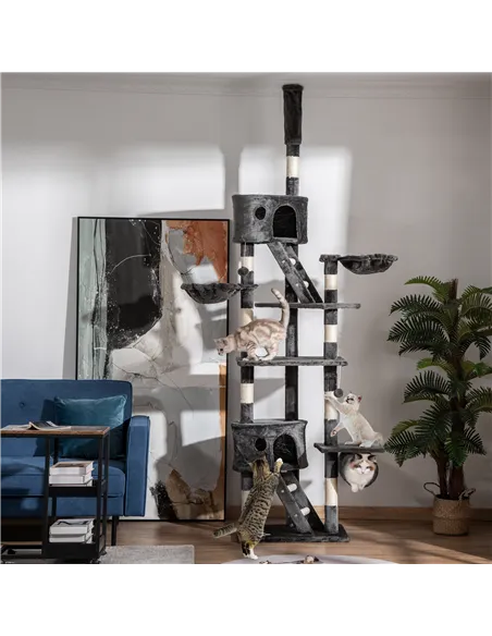 PawHut Floor-to-Ceiling Cat Tree for Indoor Cats, 240-260cm Adjustable Cat Tree - Dark Grey
