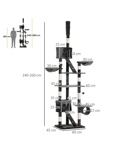 PawHut Floor-to-Ceiling Cat Tree for Indoor Cats, 240-260cm Adjustable Cat Tree - Dark Grey