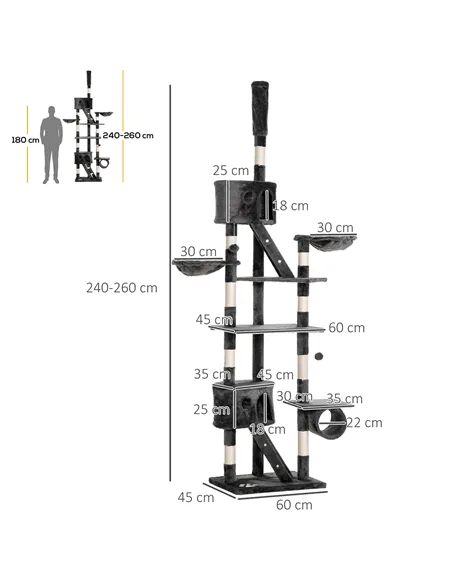 PawHut Floor-to-Ceiling Cat Tree for Indoor Cats, 240-260cm Adjustable Cat Tree - Dark Grey