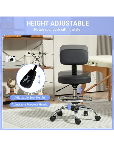 HOMCOM Drafting Chair, Office Chair with Backrest and Adjustable Footrest, Height Adjustable Stool, Leather Padded Rolling Task 