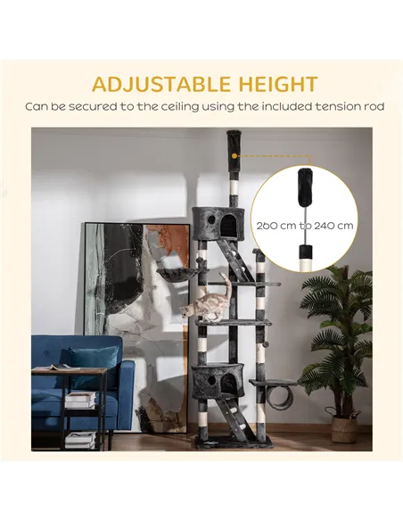 PawHut Floor-to-Ceiling Cat Tree for Indoor Cats, 240-260cm Adjustable Cat Tree - Dark Grey