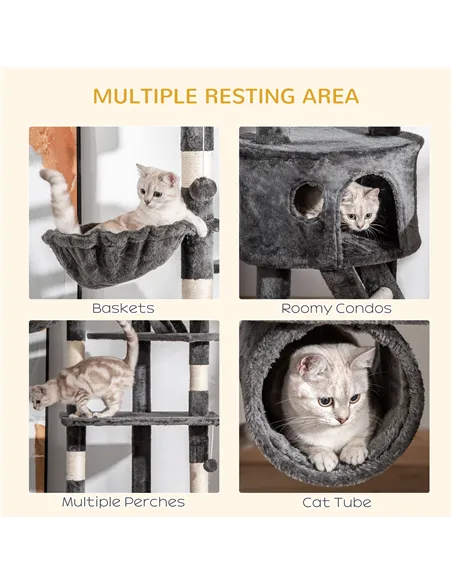 PawHut Floor-to-Ceiling Cat Tree for Indoor Cats, 240-260cm Adjustable Cat Tree - Dark Grey
