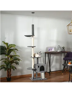 PawHut 270cm Floor To Ceiling Cat Tree Cat House Scratching Post for Indoor Cats Hammock Hanging Ball Activity Center Grey 2