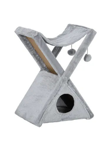 PawHut Two Tier Cat Tree for Indoor Cats Play Rest Activity Tower Plush Folding Relax Center w/ Scratching Post Hammock Pom Poms