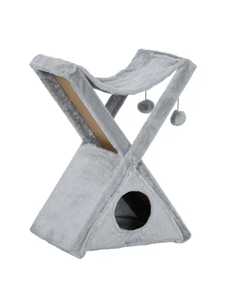 PawHut Two Tier Cat Tree for Indoor Cats Play Rest Activity Tower Plush Folding Relax Center w/ Scratching Post Hammock Pom Poms