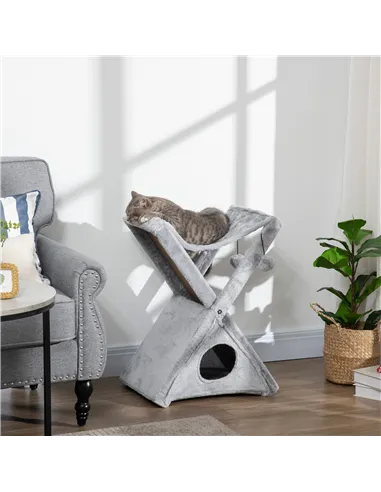 PawHut Two Tier Cat Tree for Indoor Cats Play Rest Activity Tower Plush Folding Relax Center w/ Scratching Post Hammock Pom Poms