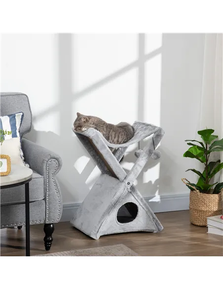 PawHut Two Tier Cat Tree for Indoor Cats Play Rest Activity Tower Plush Folding Relax Center w/ Scratching Post Hammock Pom Poms