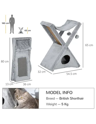 PawHut Two Tier Cat Tree for Indoor Cats Play Rest Activity Tower Plush Folding Relax Center w/ Scratching Post Hammock Pom Poms