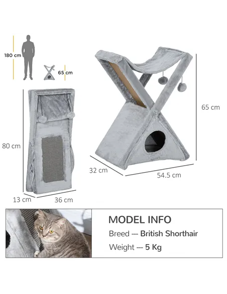 PawHut Two Tier Cat Tree for Indoor Cats Play Rest Activity Tower Plush Folding Relax Center w/ Scratching Post Hammock Pom Poms