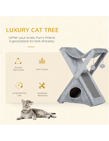 PawHut Two Tier Cat Tree for Indoor Cats Play Rest Activity Tower Plush Folding Relax Center w/ Scratching Post Hammock Pom Poms