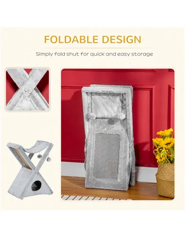 PawHut Two Tier Cat Tree for Indoor Cats Play Rest Activity Tower Plush Folding Relax Center w/ Scratching Post Hammock Pom Poms