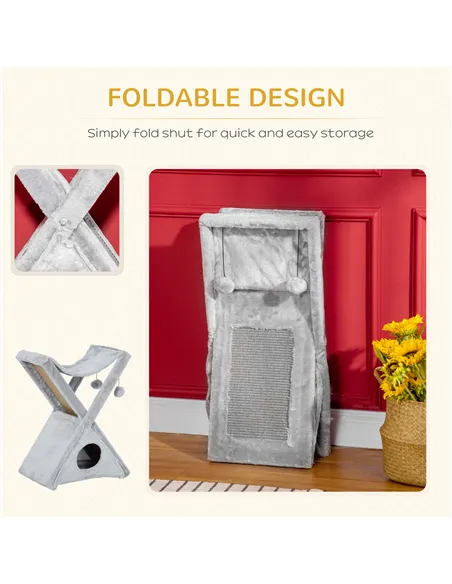 PawHut Two Tier Cat Tree for Indoor Cats Play Rest Activity Tower Plush Folding Relax Center w/ Scratching Post Hammock Pom Poms