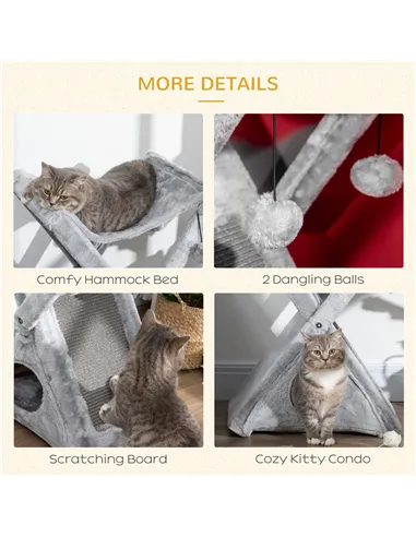 PawHut Two Tier Cat Tree for Indoor Cats Play Rest Activity Tower Plush Folding Relax Center w/ Scratching Post Hammock Pom Poms