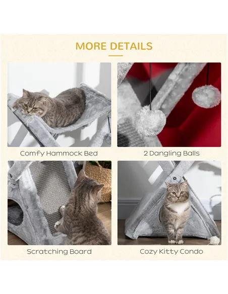 PawHut Two Tier Cat Tree for Indoor Cats Play Rest Activity Tower Plush Folding Relax Center w/ Scratching Post Hammock Pom Poms