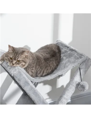 PawHut Two Tier Cat Tree for Indoor Cats Play Rest Activity Tower Plush Folding Relax Center w/ Scratching Post Hammock Pom Poms