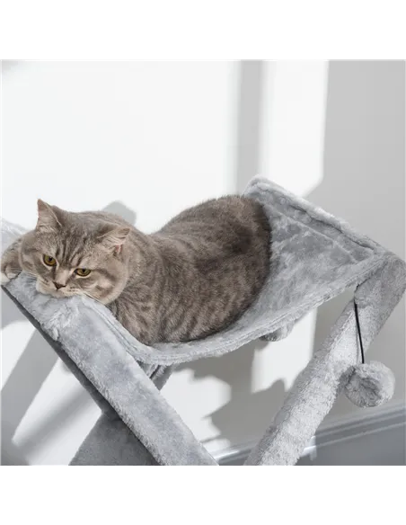 PawHut Two Tier Cat Tree for Indoor Cats Play Rest Activity Tower Plush Folding Relax Center w/ Scratching Post Hammock Pom Poms