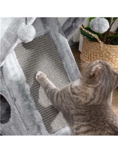 PawHut Two Tier Cat Tree for Indoor Cats Play Rest Activity Tower Plush Folding Relax Center w/ Scratching Post Hammock Pom Poms