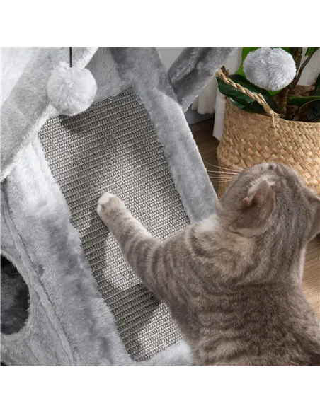 PawHut Two Tier Cat Tree for Indoor Cats Play Rest Activity Tower Plush Folding Relax Center w/ Scratching Post Hammock Pom Poms