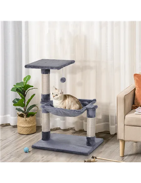 PawHut Cat Scratch Post with Bed Cat Tree for Indoor Cats Sisal Scratching Posts Hammock Kitty Activity Centre Grey