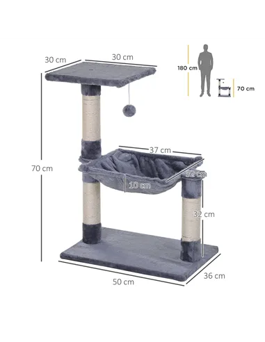 PawHut Cat Scratch Post with Bed Cat Tree for Indoor Cats Sisal Scratching Posts Hammock Kitty Activity Centre Grey